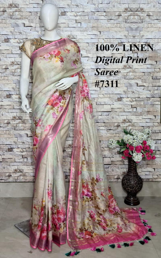 PJMR23A053 Pink Gold Pure Handloom Linen Printed Saree