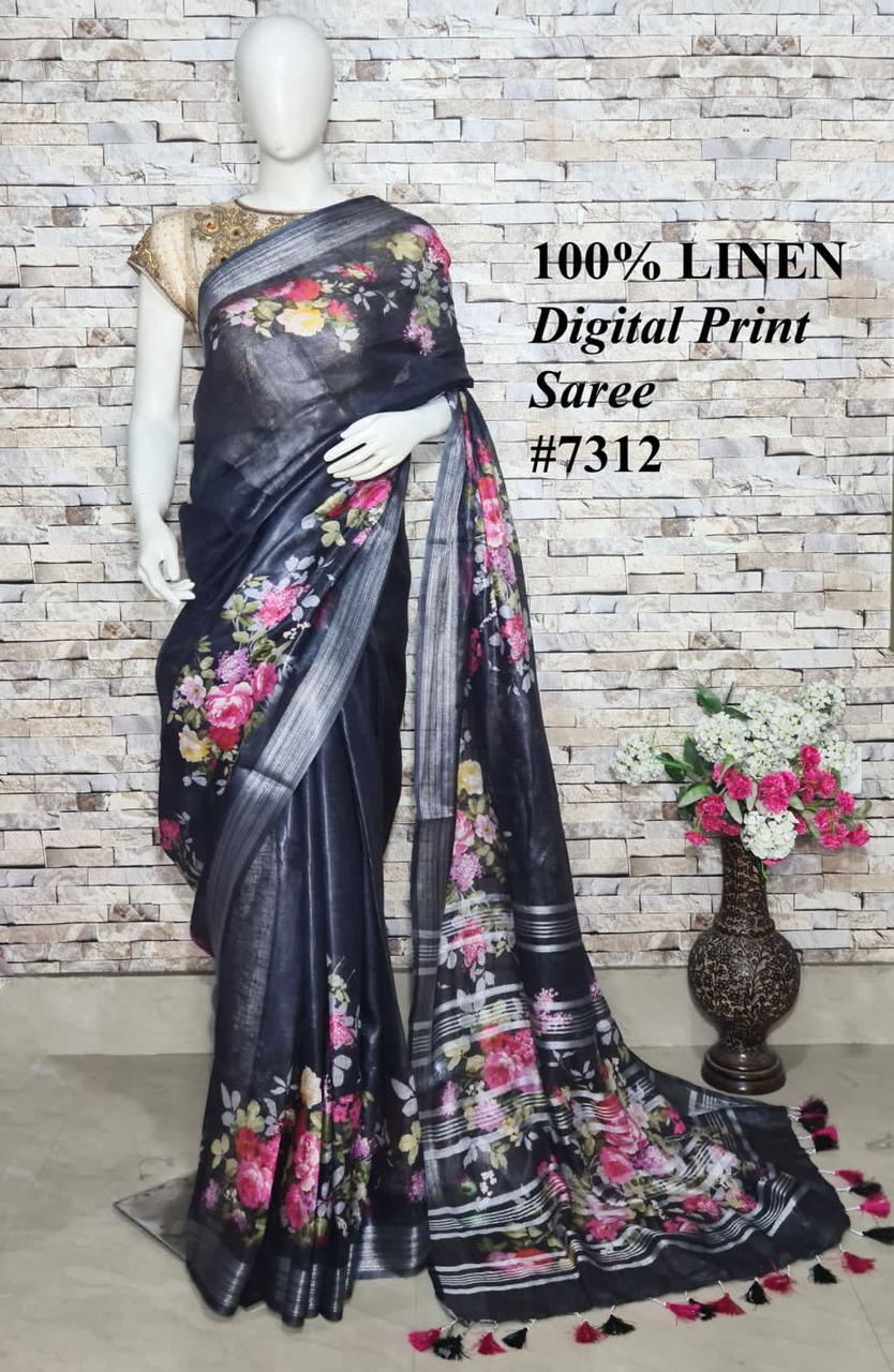 PJMR23A054 Black Silver Pure Handloom Linen Printed Saree