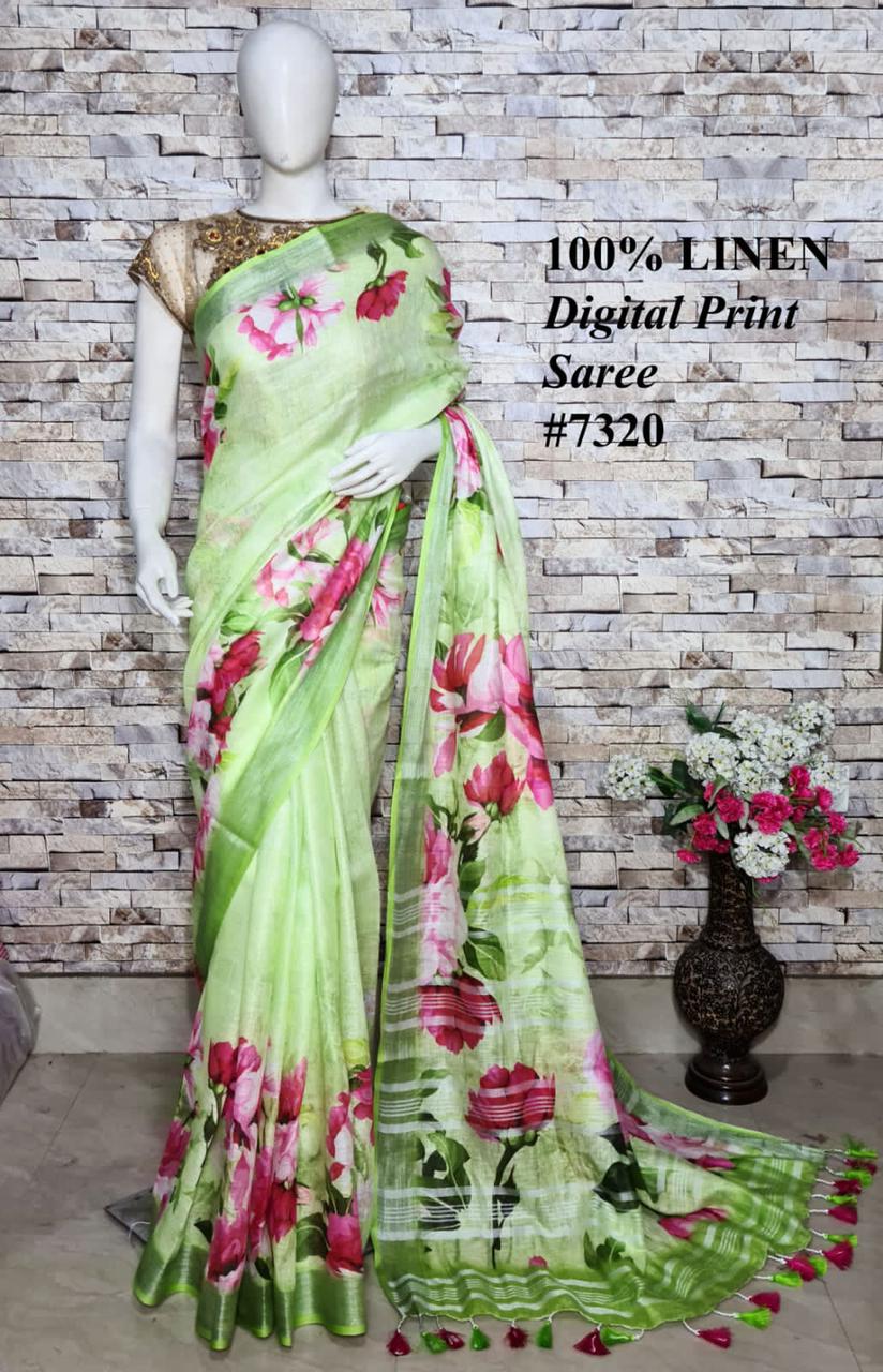 PJMR23A055 Green Silver Pure Handloom Linen Printed Saree
