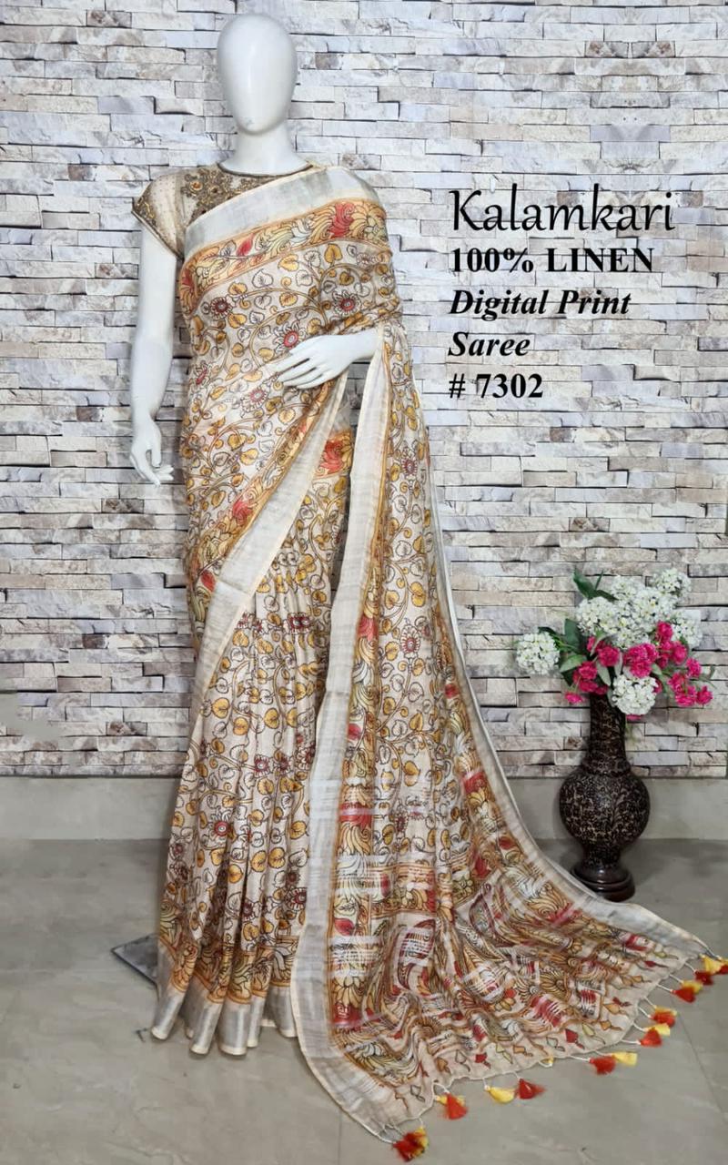 PJMR23A057 Cream Red Pure Handloom Linen Printed Saree