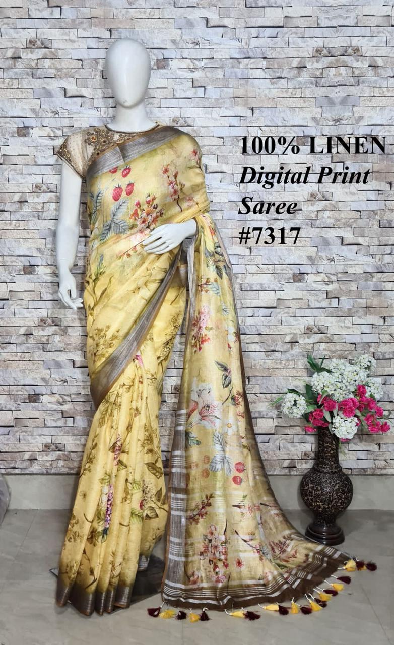 PJMR23A058 Yellow Brown Pure Handloom Linen Printed Saree