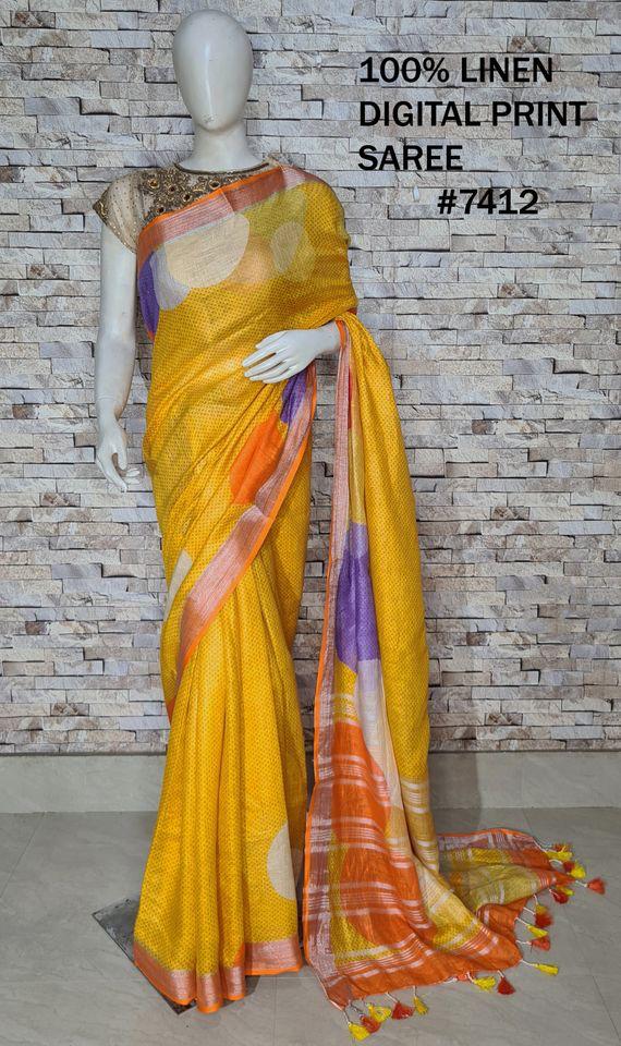 PJMR23A060 Yellow Silver Pure Handloom Linen Printed Saree