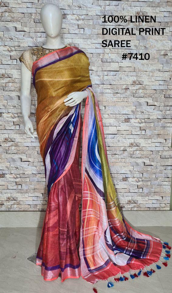 PJMR23A061 Mustard Silver Pure Handloom Linen Printed Saree