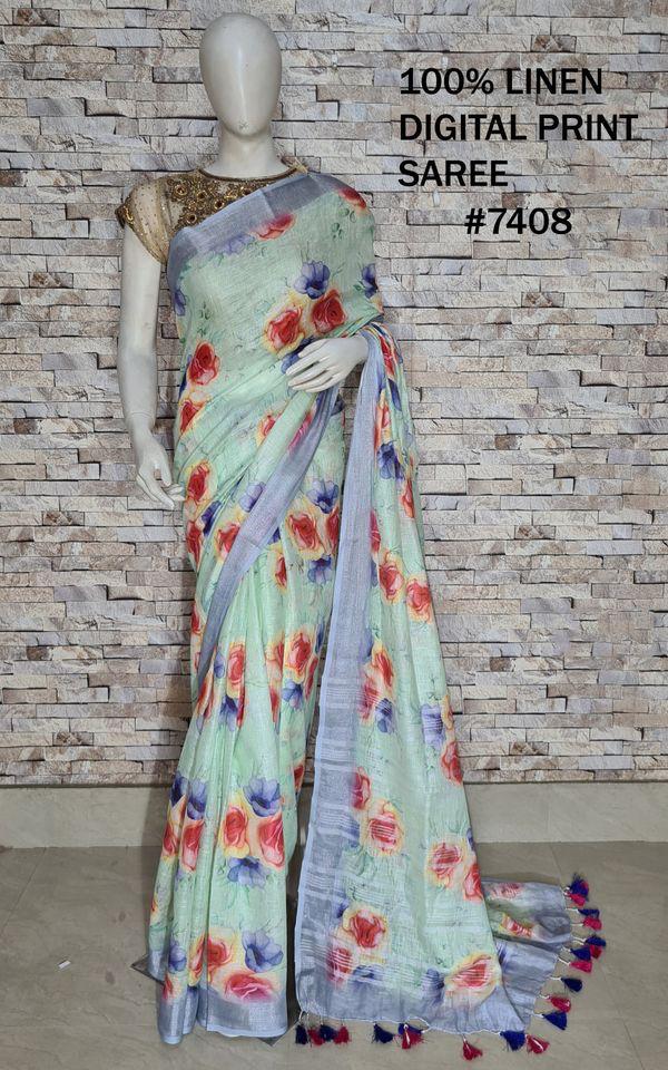 PJMR23A063 Blue Silver Pure Handloom Linen Printed Saree