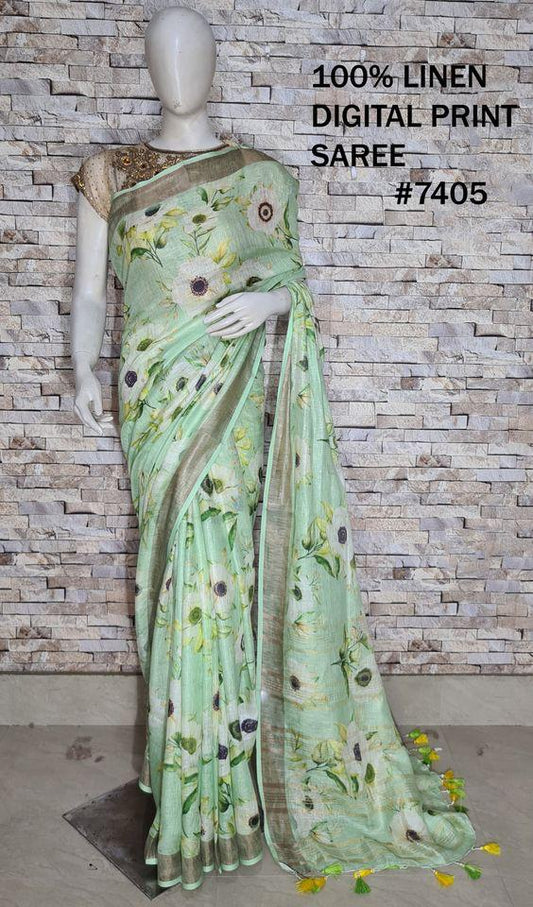 PJMR23A065 Green Beige Pure Handloom Linen Printed Saree