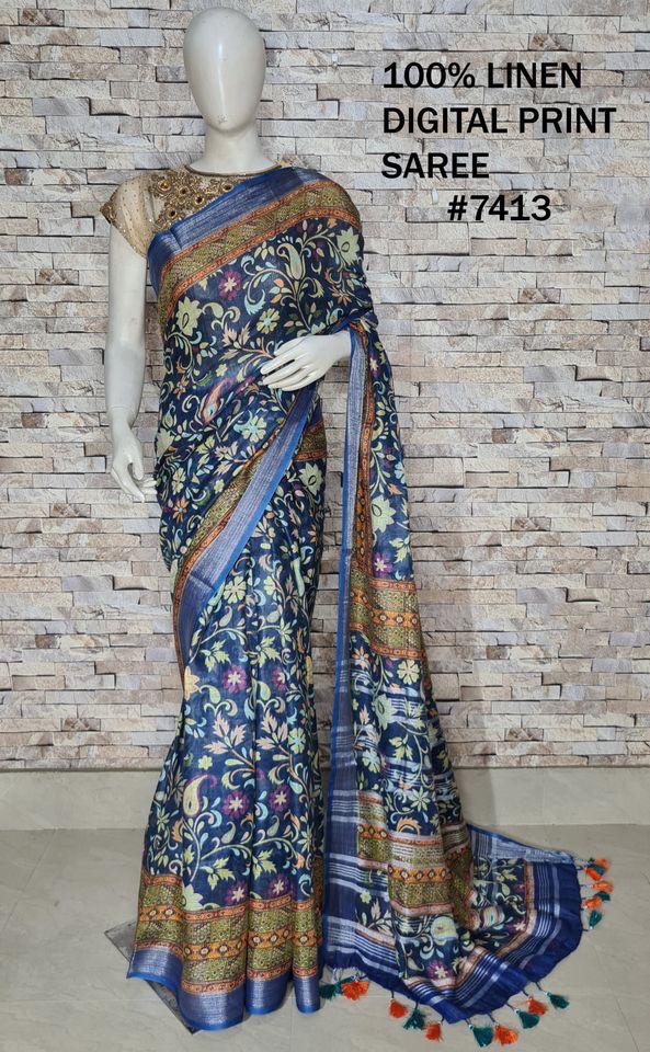 PJMR23A066 Blue Silver Pure Handloom Linen Printed Saree