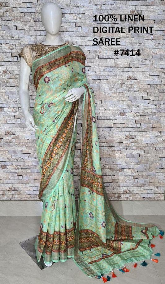 PJMR23A067 Green Gold Pure Handloom Linen Printed Saree
