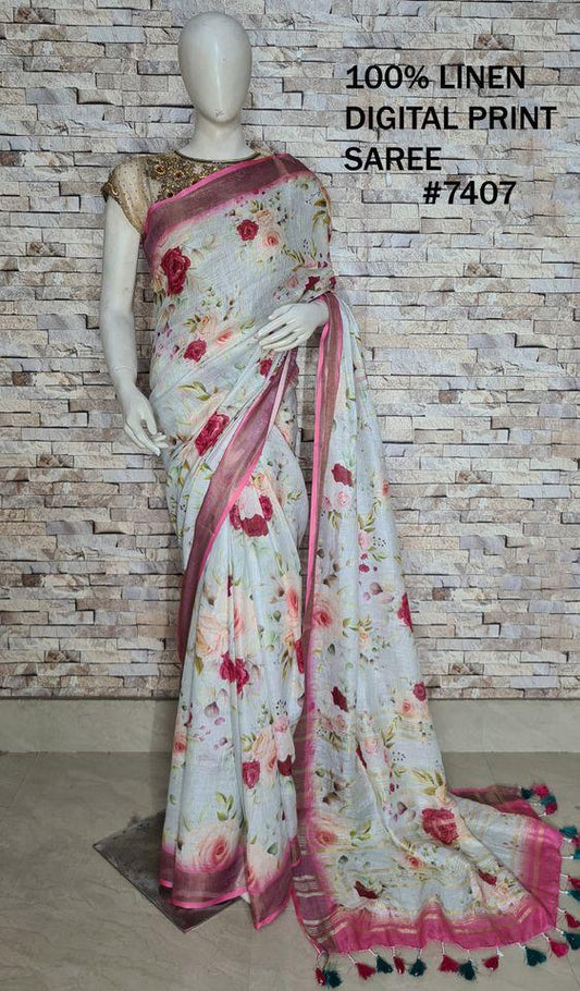 PJMR23A068 Rose Gold Pure Handloom Linen Printed Saree