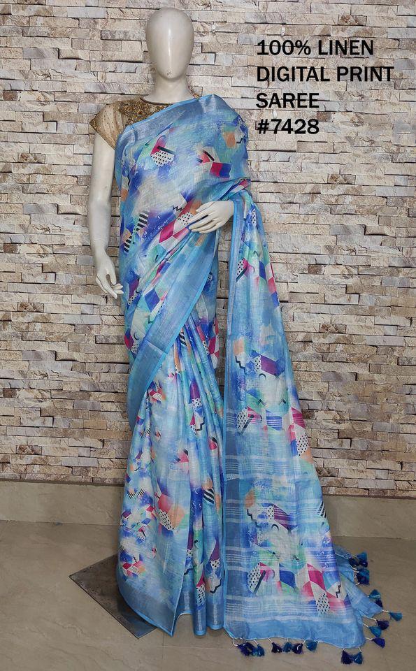 PJMR23A070 Blue Silver Pure Handloom Linen Printed Saree