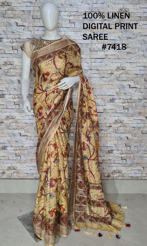 PJMR23A071 Yellow Beige Pure Handloom Linen Printed Saree