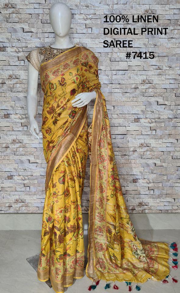 PJMR23A072 Yellow Red Pure Handloom Linen Printed Saree