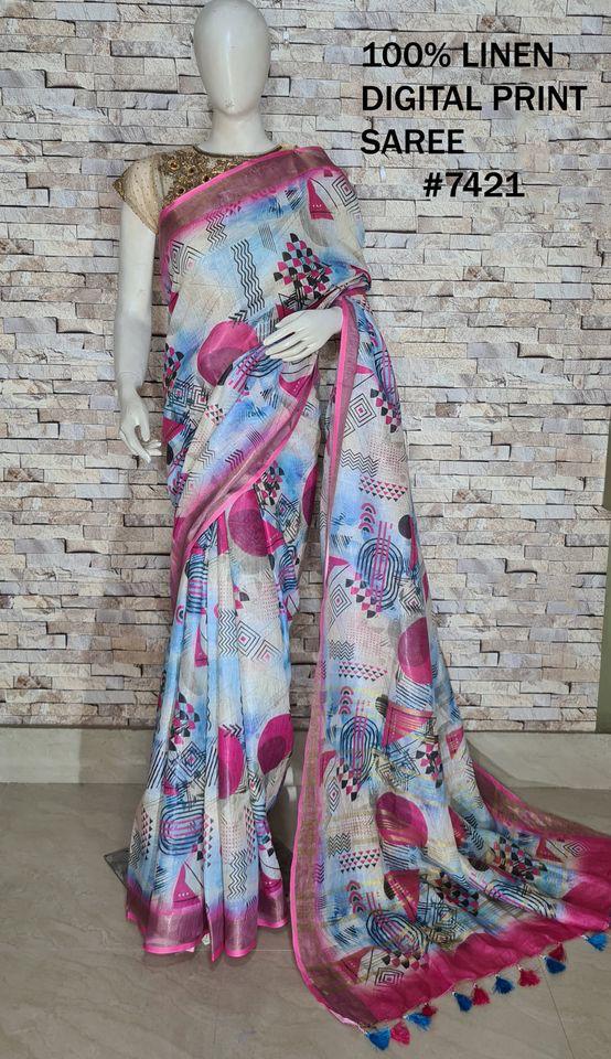 PJMR23A073 Rose Blue Pure Handloom Linen Printed Saree