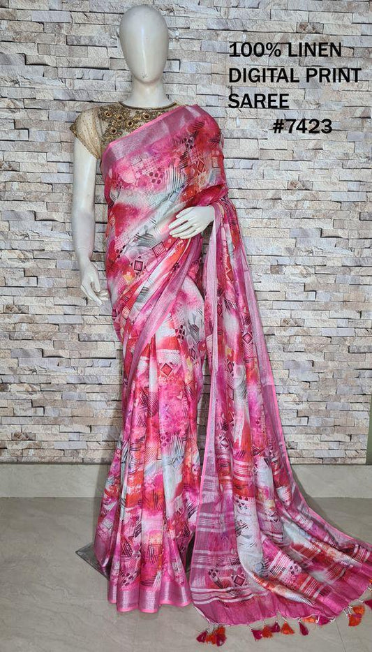 PJMR23A074 Rose Silver Pure Handloom Linen Printed Saree