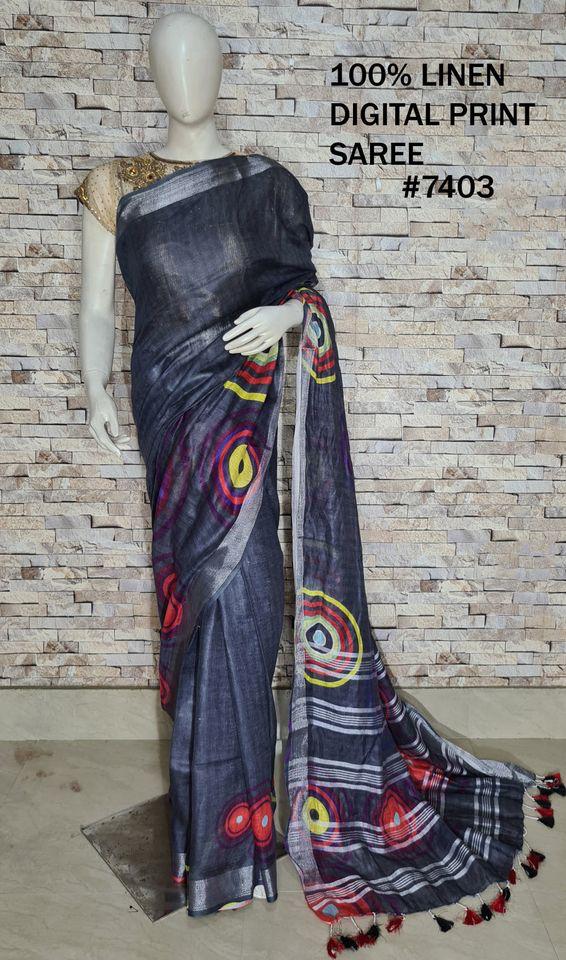 PJMR23A075 Grey Silver Pure Handloom Linen Printed Saree