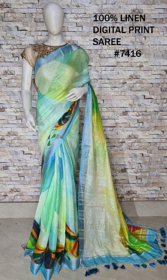 PJMR23A076 Blue Green Pure Handloom Linen Printed Saree