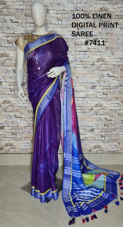 PJMR23A077 Violet Blue Pure Handloom Linen Printed Saree