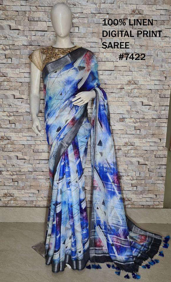 PJMR23A078 Blue Silver Pure Handloom Linen Printed Saree