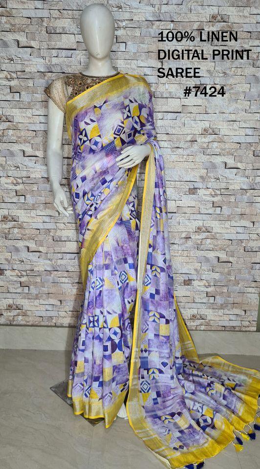 PJMR23A079 Yellow Violet Pure Handloom Linen Printed Saree
