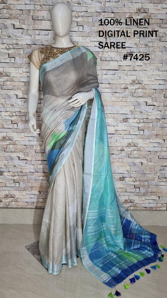 PJMR23A080 Black Blue Pure Handloom Linen Printed Saree