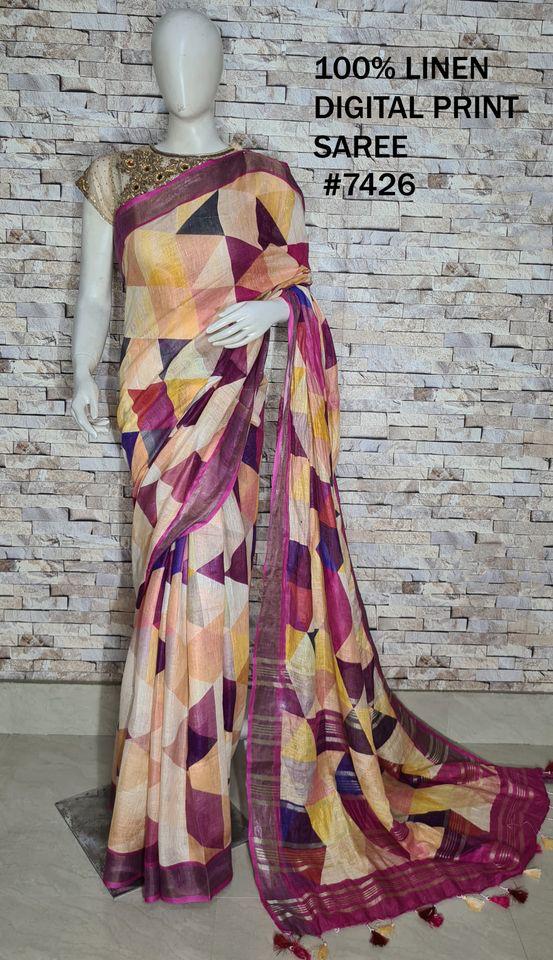 PJMR23A081 Purple Gold Pure Handloom Linen Printed Saree