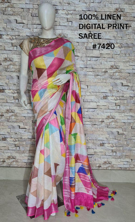 PJMR23A082 Multi Colour Pure Handloom Linen Printed Saree