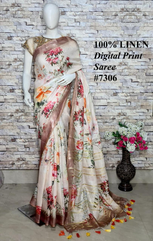 PJMR23A083 Cream Gold Pure Handloom Linen Printed Saree