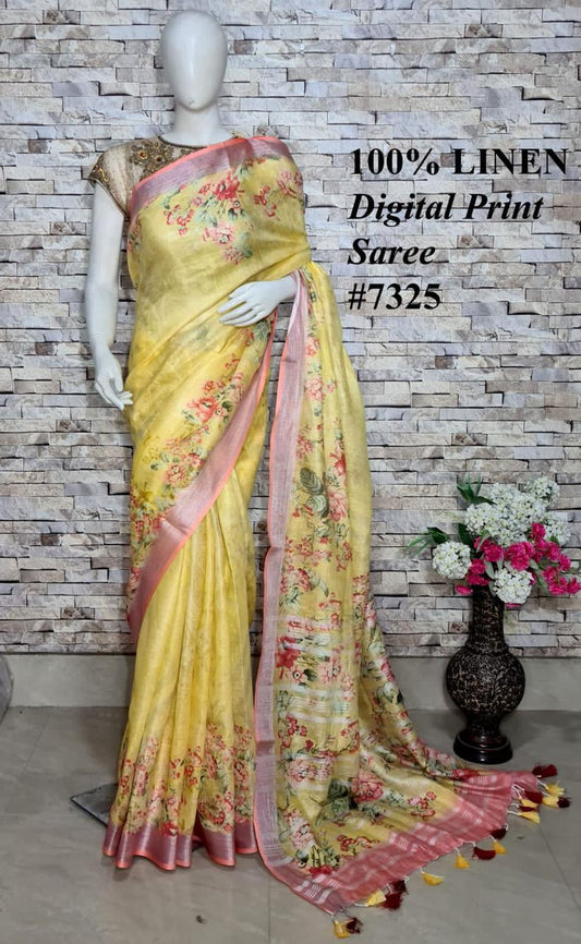 PJMR23A084 Yellow Peach Pure Handloom Linen Printed Saree