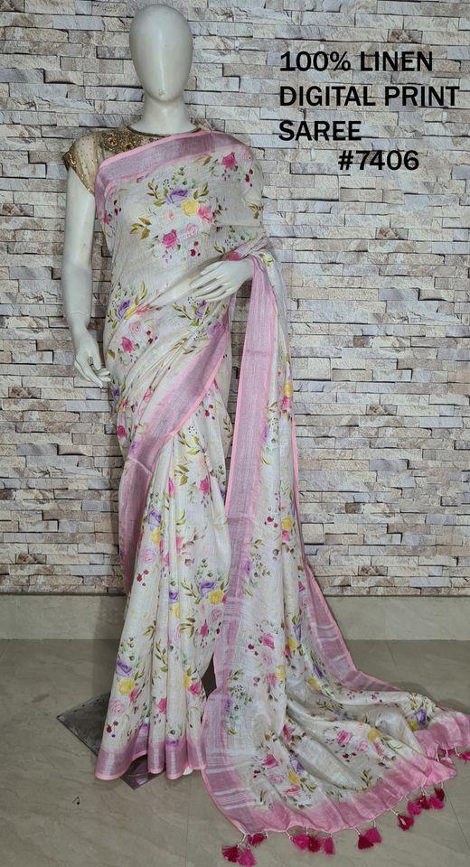 PJMR23A086 Pink Silver Pure Handloom Linen Printed Saree