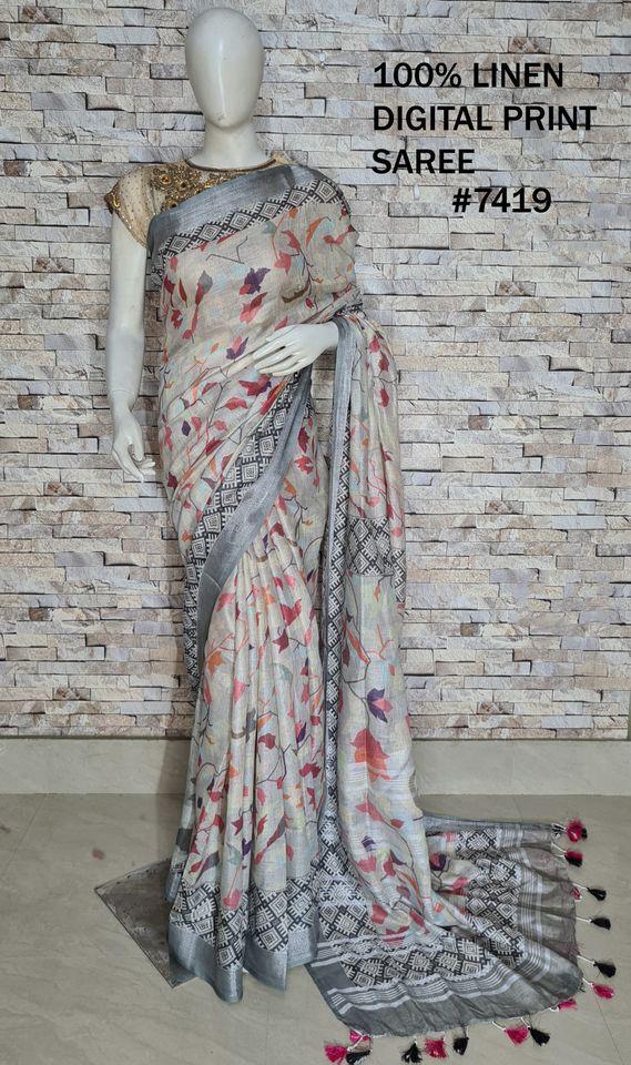 PJMR23A087 Grey Silver Pure Handloom Linen Printed Saree