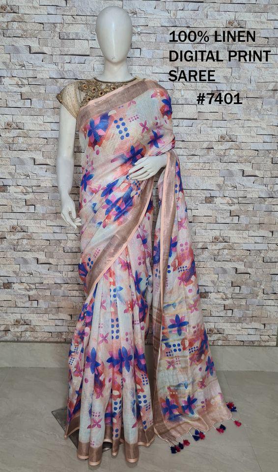 PJMR23A088 Cream Blue Pure Handloom Linen Printed Saree