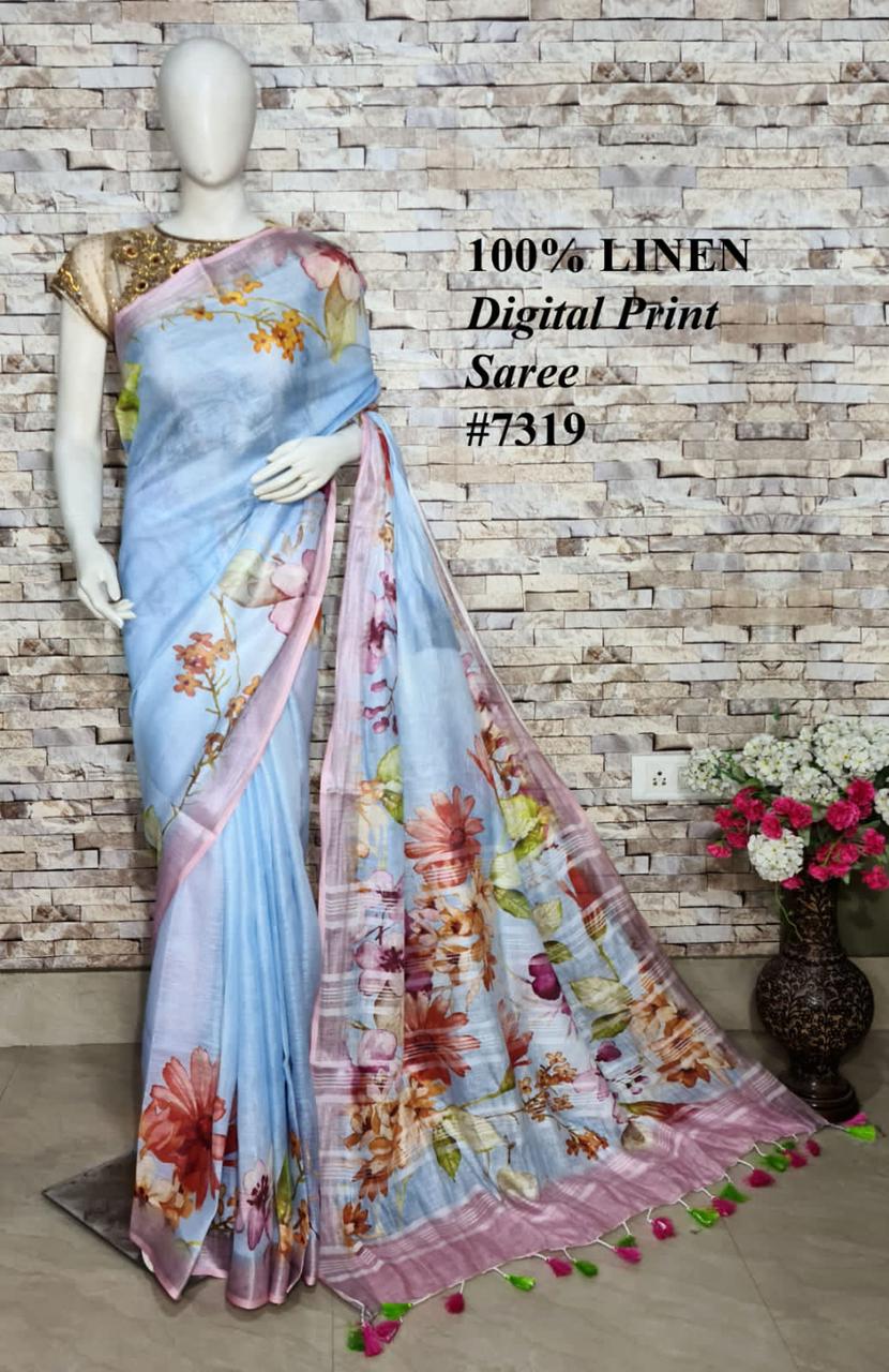 PJMR23A089 Blue Pink Pure Handloom Linen Printed Saree