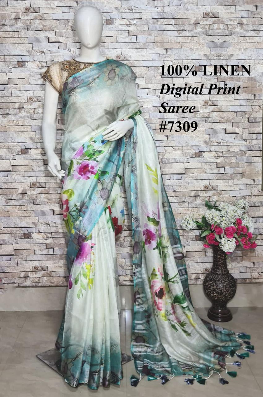 PJMR23A091 Blue Silver Pure Handloom Linen Printed Saree