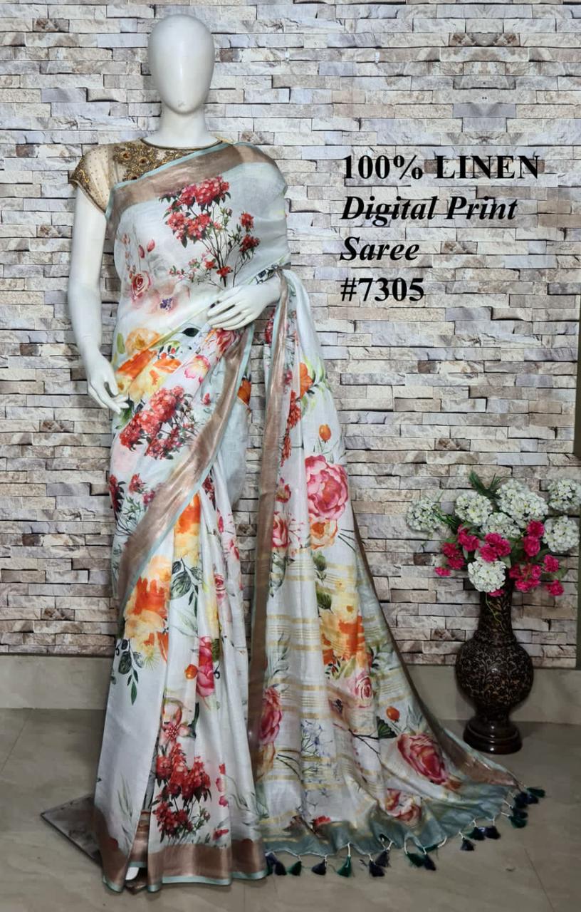 PJMR23A092 Green Copper Pure Handloom Linen Printed Saree