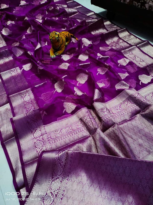 PJMR23A094 Purple Pure Banarasi Organza Soft Silk Sarees