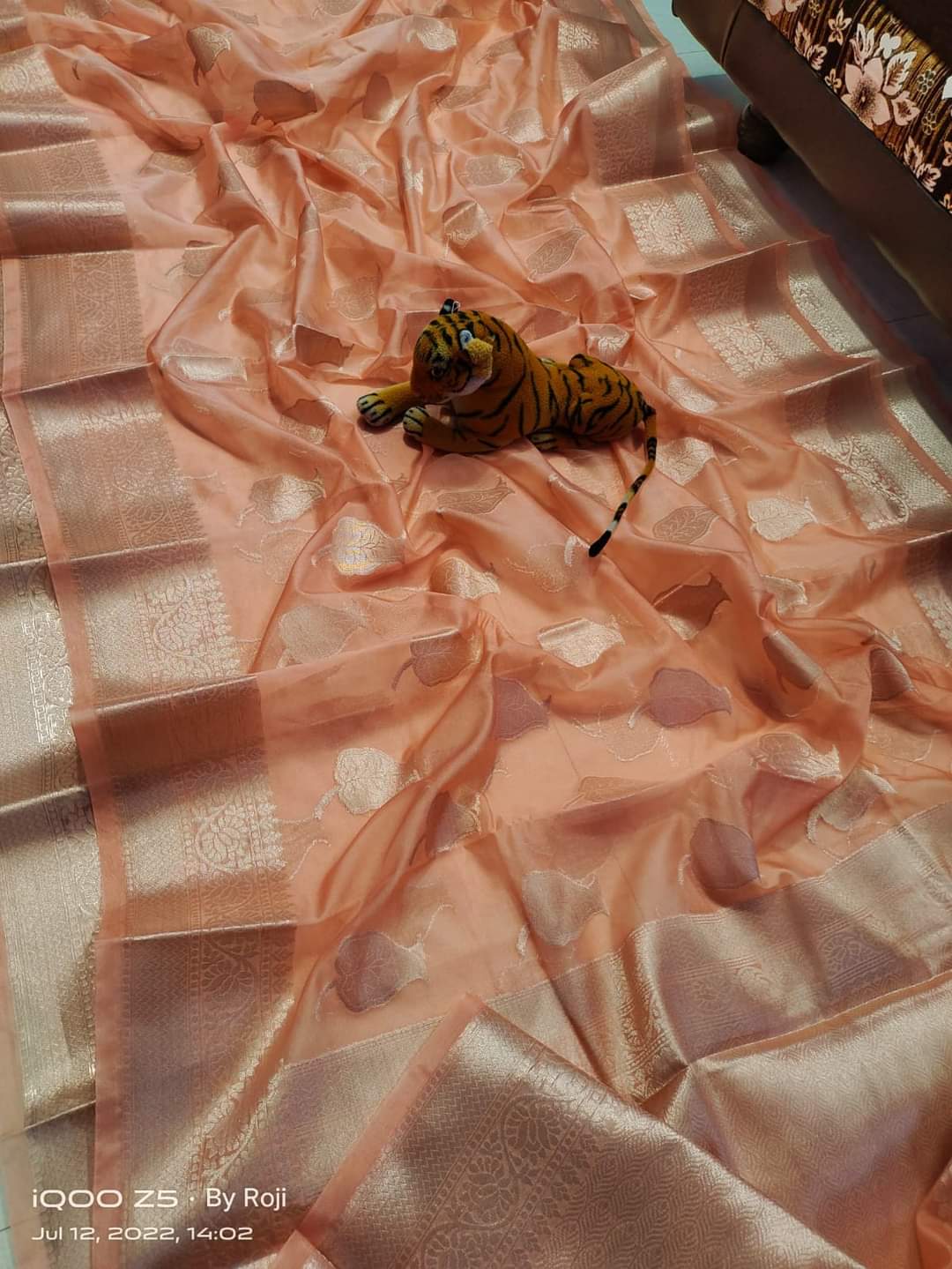 Peach Pure Banarasi Organza Soft Silk Sarees – - Main Image