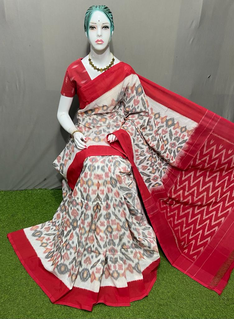 PJMR23A141 White Red Handloom Pochampally Ikkat Mercerized Cotton Saree