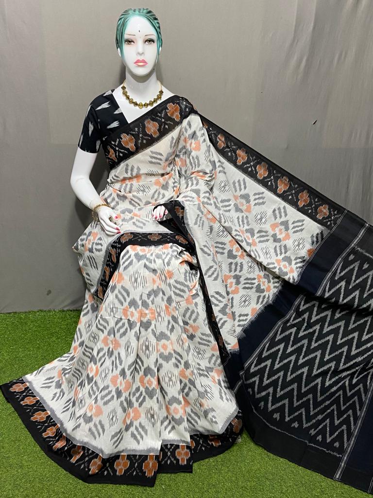 PJMR23A142 White Black Handloom Pochampally Ikkat Mercerized Cotton Saree