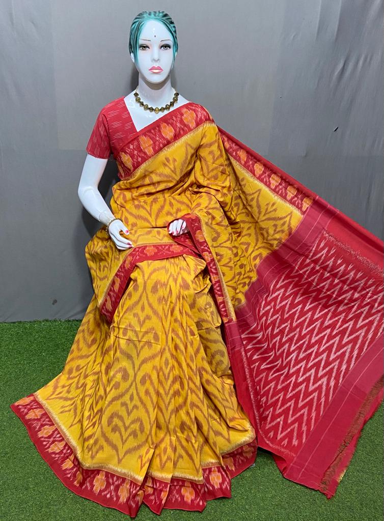 PJMR23A144 Mustard Red Handloom Pochampally Ikkat Mercerized Cotton Saree