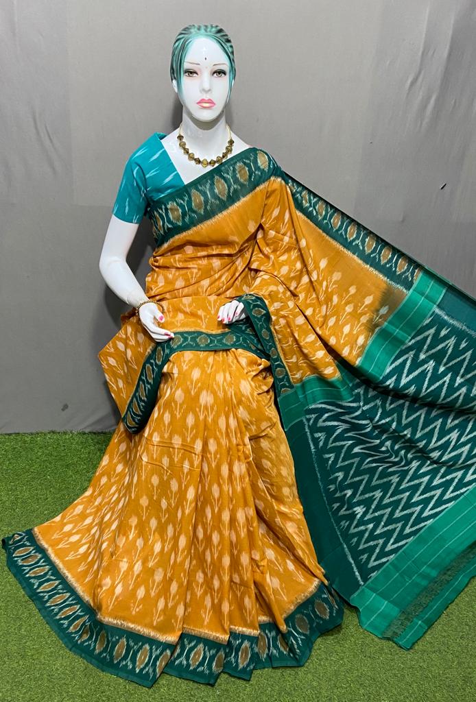 Yellow Green Handloom Pochampally Ikkat Mercerized Cotton Saree Paarijaatham