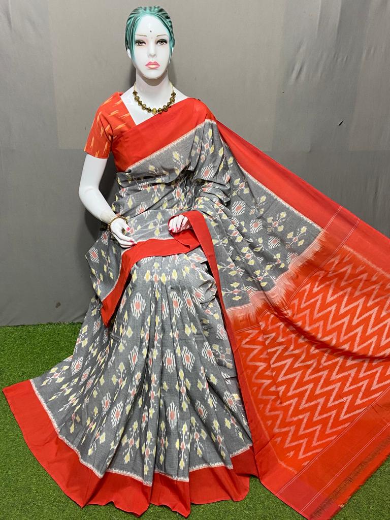 PJMR23A151 Grey Orange Handloom Pochampally Ikkat Mercerized Cotton Saree