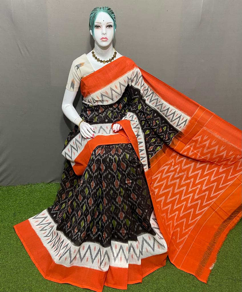 PJMR23A152 Black Orange Handloom Pochampally Ikkat Mercerized Cotton Saree