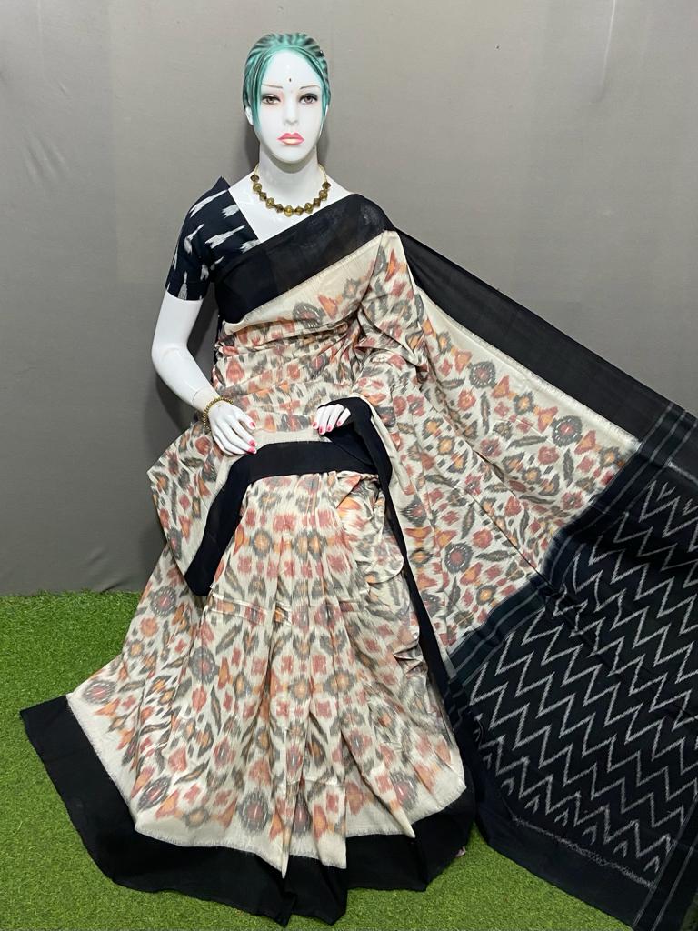 PJMR23A154 Cream Black Handloom Pochampally Ikkat Mercerized Cotton Saree