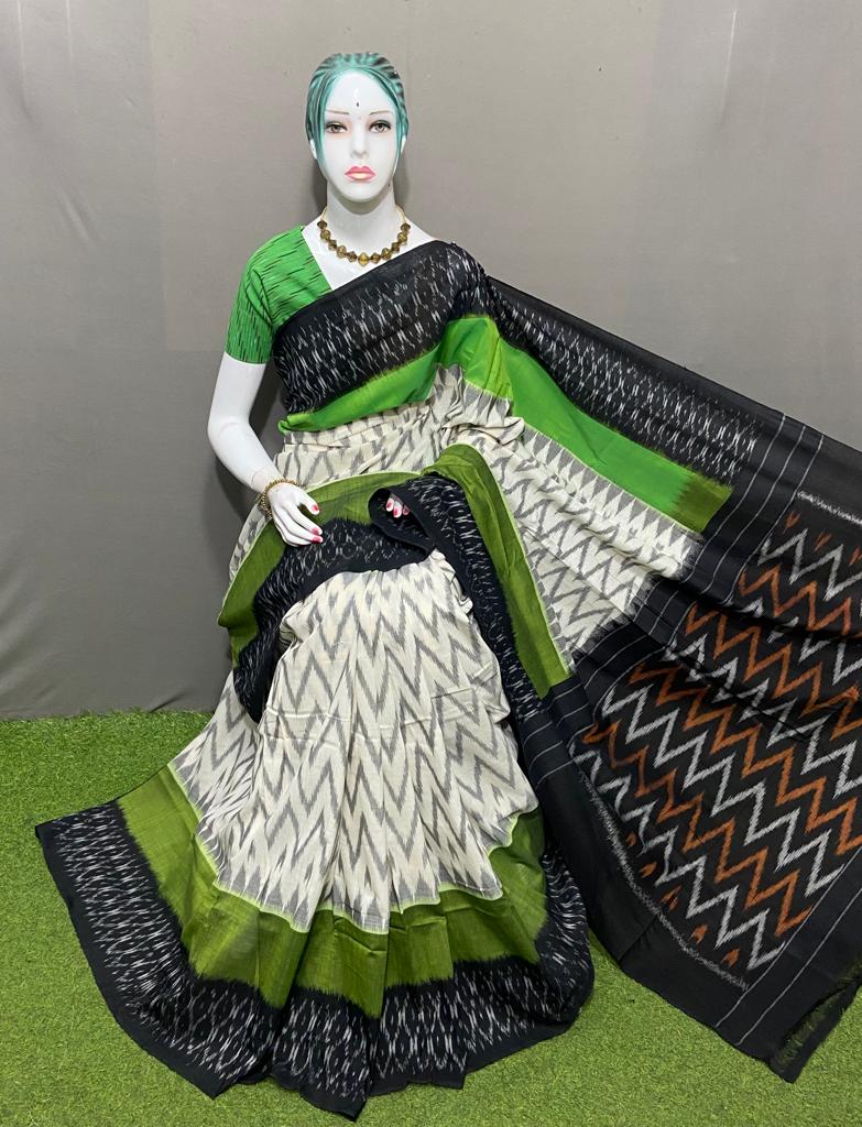 PJMR23A155 Green Black Handloom Pochampally Ikkat Mercerized Cotton Saree
