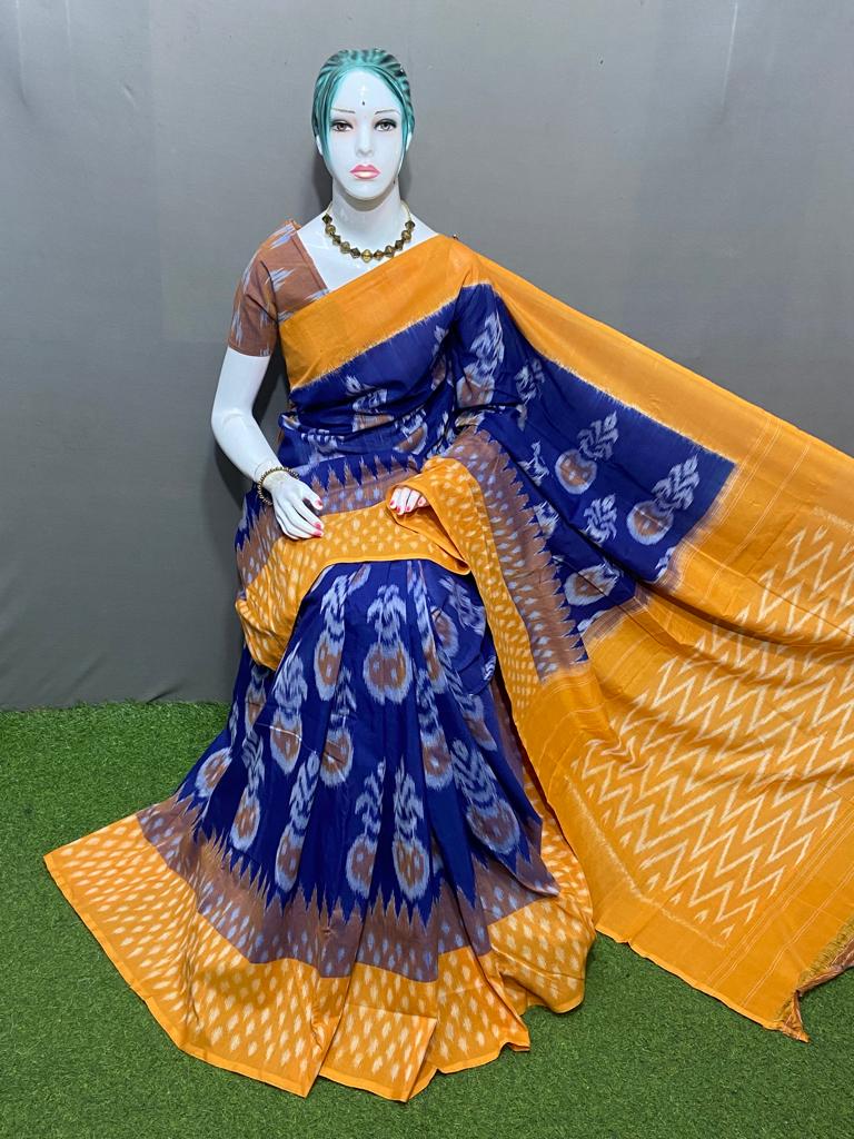 PJMR23A156 Blue Yellow Handloom Pochampally Ikkat Mercerized Cotton Saree