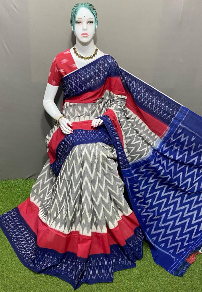 PJMR23A157 Grey Blue Handloom Pochampally Ikkat Mercerized Cotton Saree