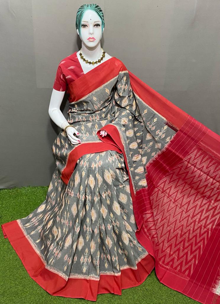 PJMR23A158 Grey Red Handloom Pochampally Ikkat Mercerized Cotton Saree
