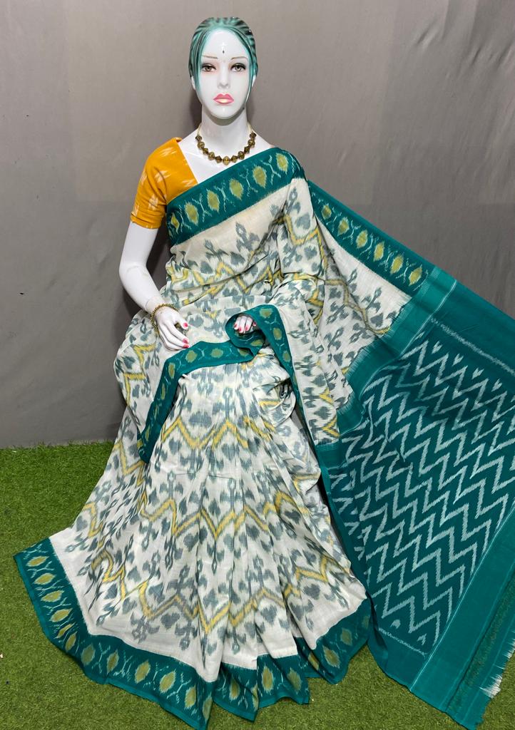 PJMR23A163 White Blue Handloom Pochampally Ikkat Mercerized Cotton Saree