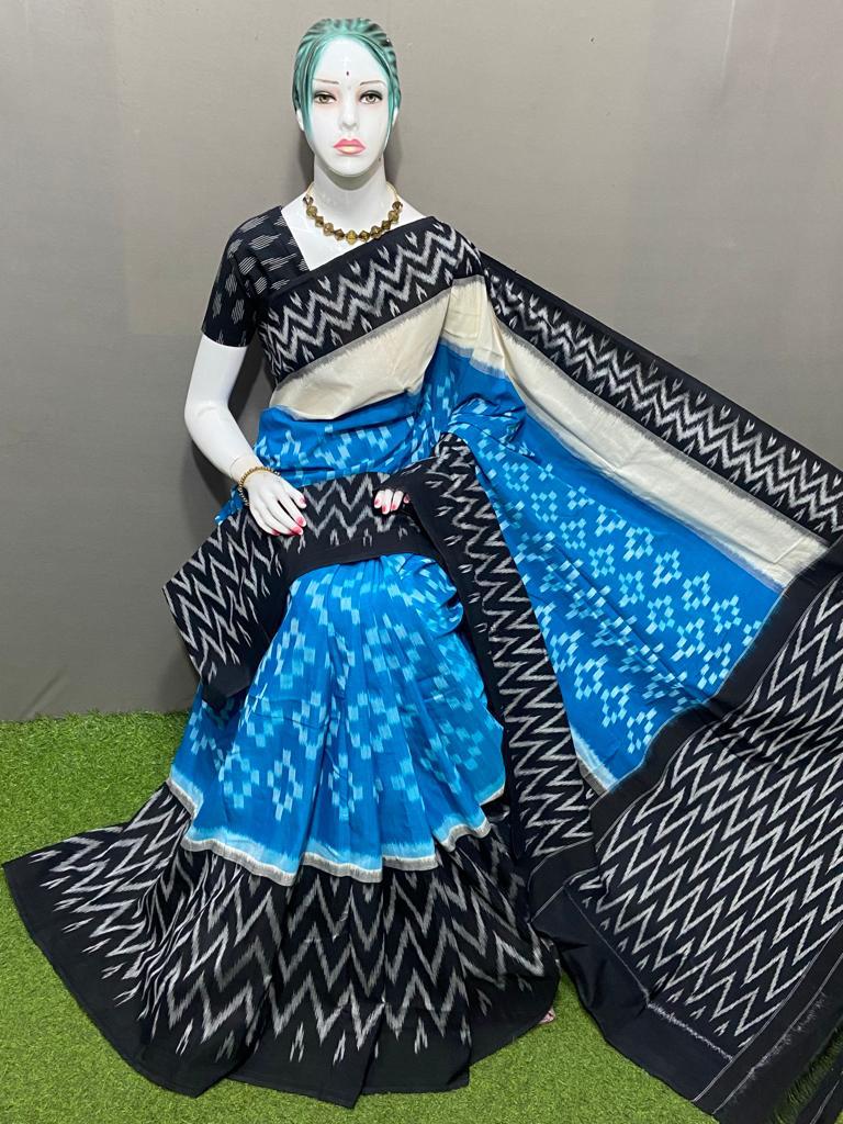 PJMR23A172 Blue Black Handloom Pochampally Ikkat Mercerized Cotton Saree