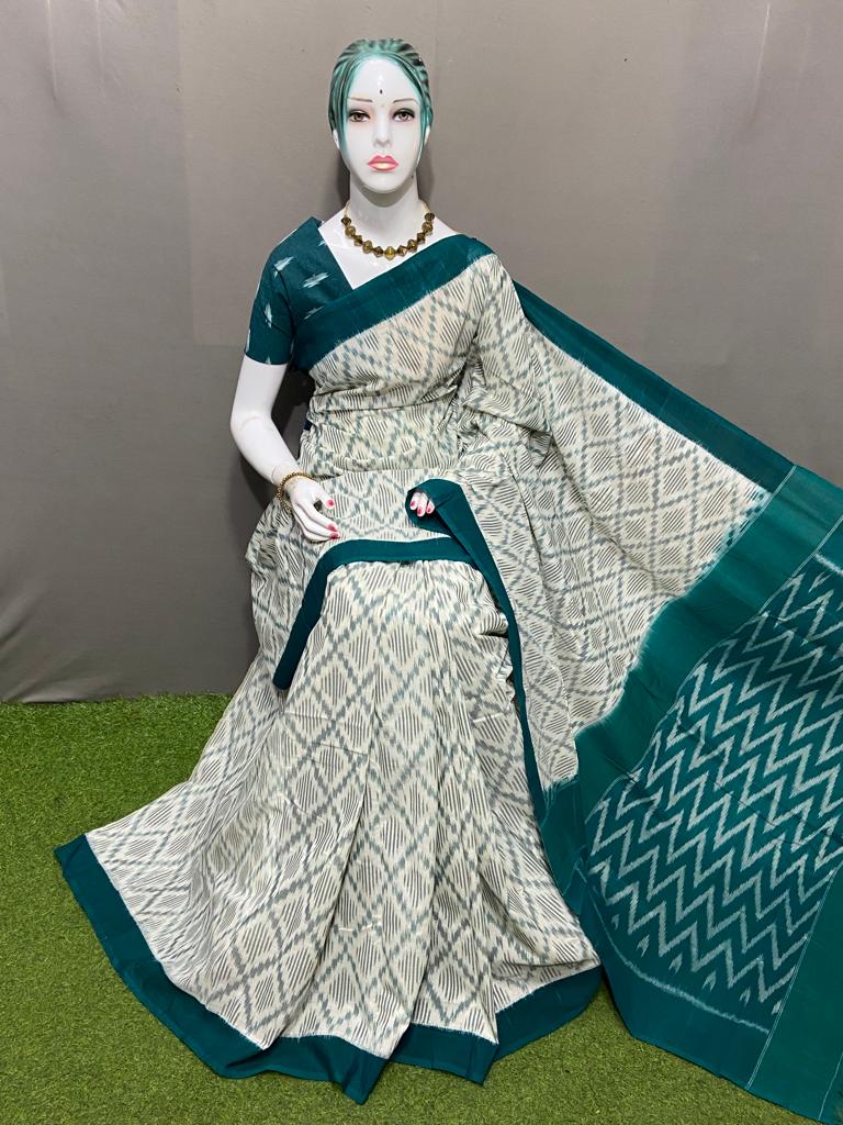PJMR23A178 White Blue Handloom Pochampally Ikkat Mercerized Cotton Saree