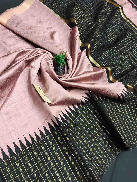 PJMR23A183 Pink Black Pure Handloom Raw Silk Saree